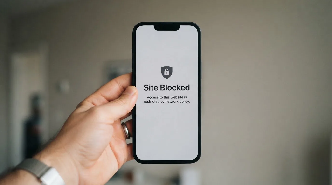 A smartphone screen showing a plain government warning notice about a blocked website, held against a blurred background.
