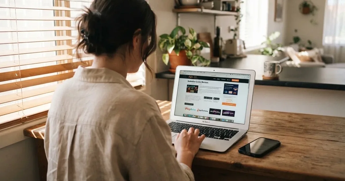 A person at a kitchen table scrolling through review pages on a laptop, phone face-down beside them.