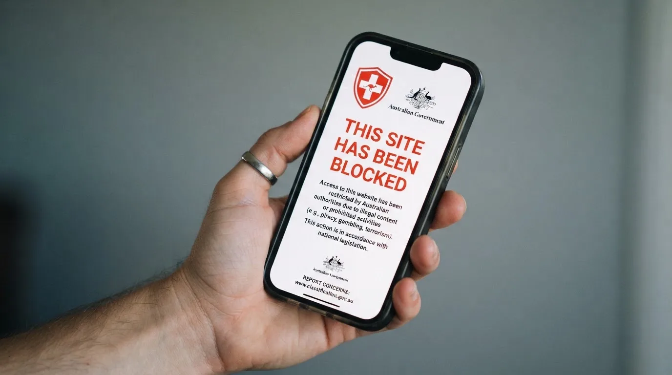 A smartphone screen showing a plain government warning notice about a blocked website, held against a blurred background.