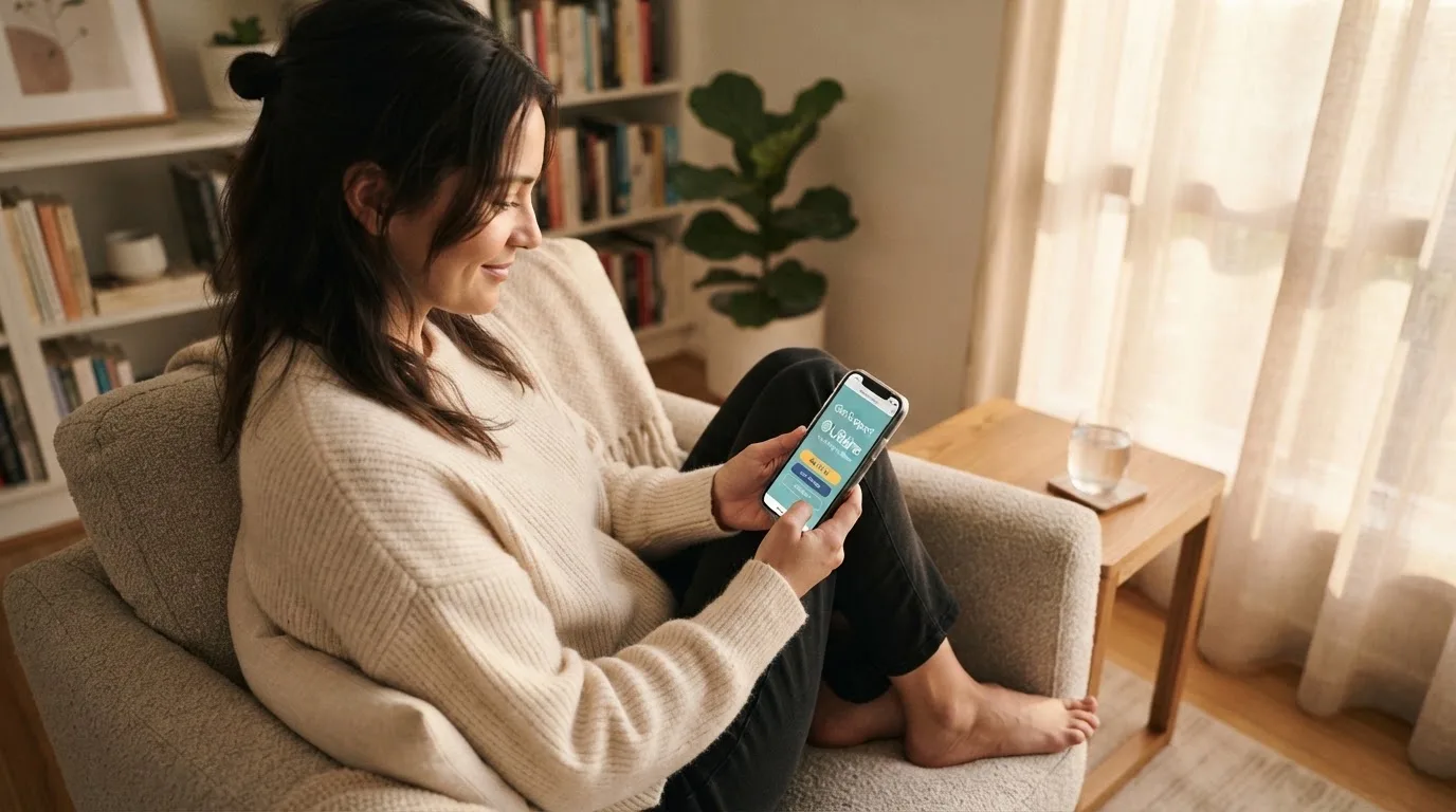 A person sitting calmly with a phone open to a support helpline page, no gaming screen visible.