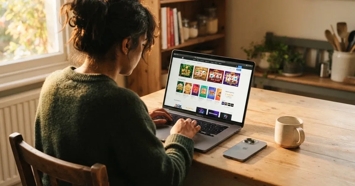 A person at a kitchen table scrolling through review pages on a laptop, phone face-down beside them.