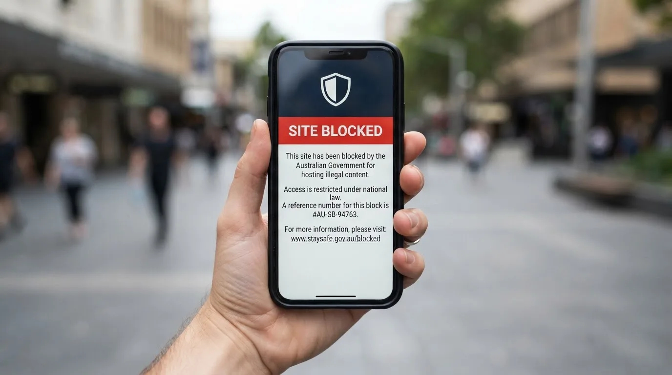 A smartphone screen showing a plain government warning notice about a blocked website, held against a blurred background.