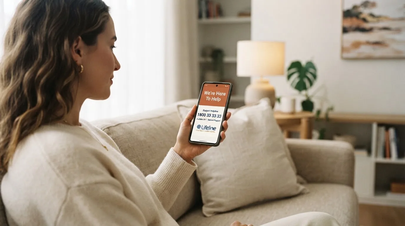 A person sitting calmly with a phone open to a support helpline page, no gaming screen visible.