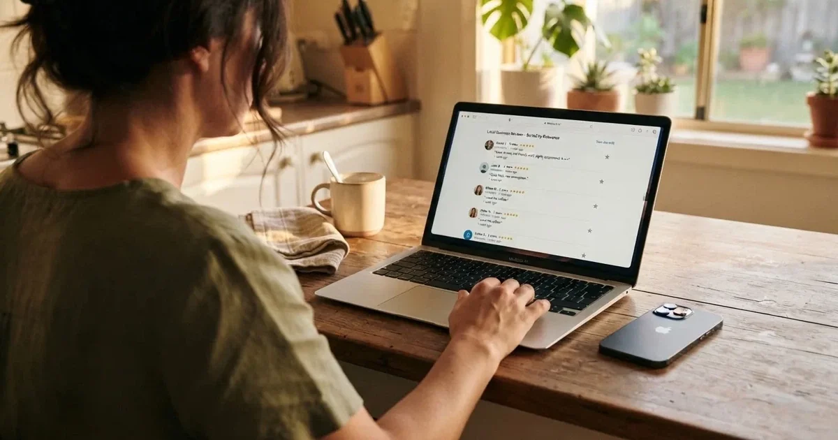 A person at a kitchen table scrolling through review pages on a laptop, phone face-down beside them.