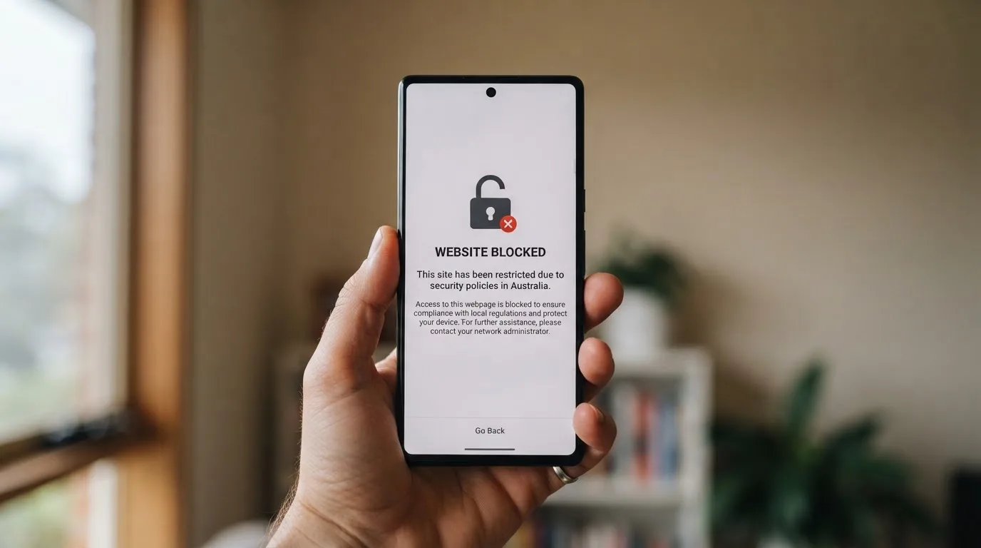 A smartphone screen showing a plain government warning notice about a blocked website, held against a blurred background.