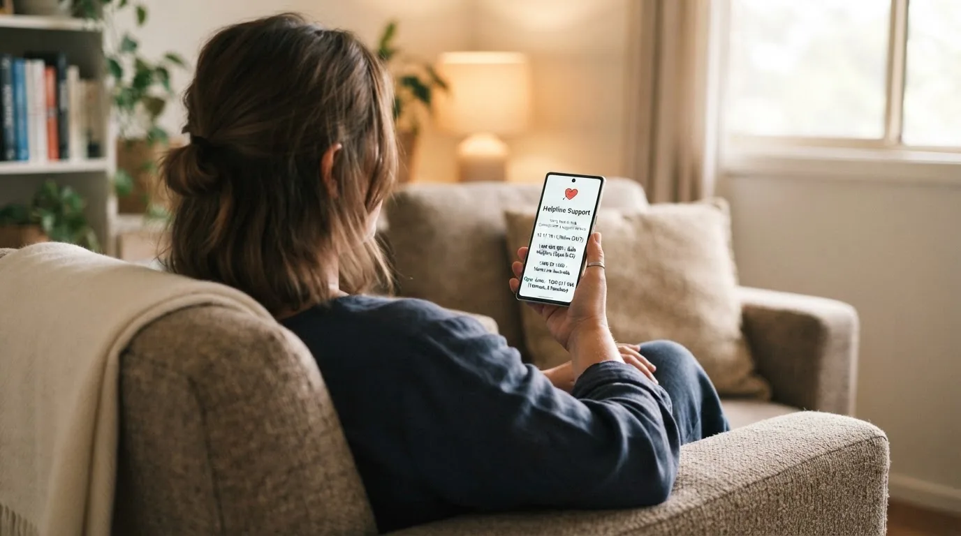 A person sitting calmly with a phone open to a support helpline page, no gaming screen visible.