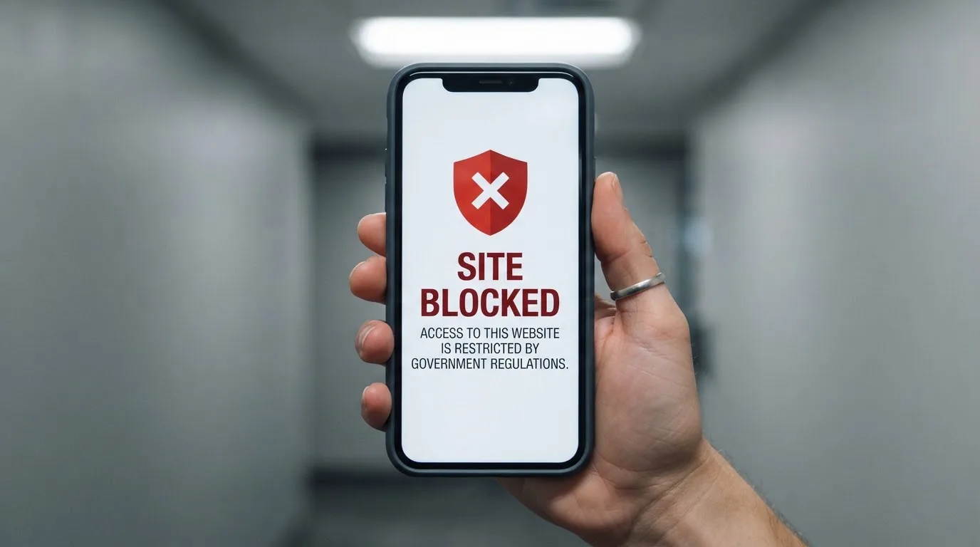 A smartphone screen showing a plain government warning notice about a blocked website, held against a blurred background.