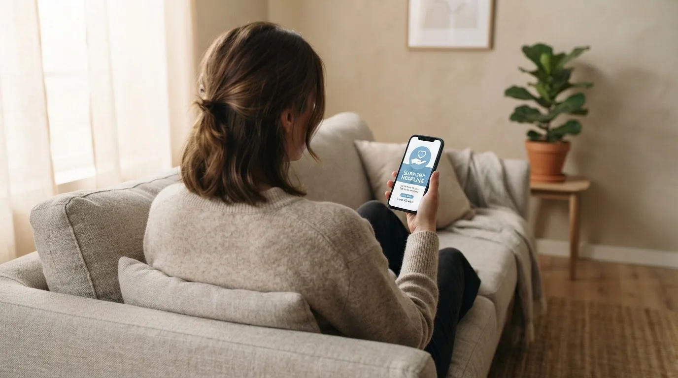 A person sitting calmly with a phone open to a support helpline page, no gaming screen visible.