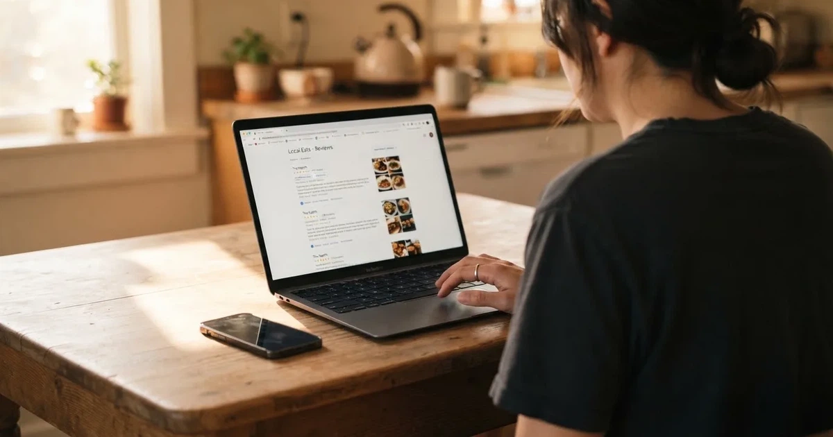 A person at a kitchen table scrolling through review pages on a laptop, phone face-down beside them.