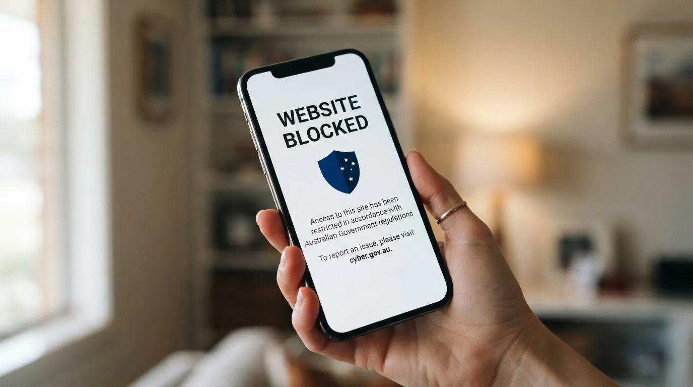 A smartphone screen showing a plain government warning notice about a blocked website, held against a blurred background.