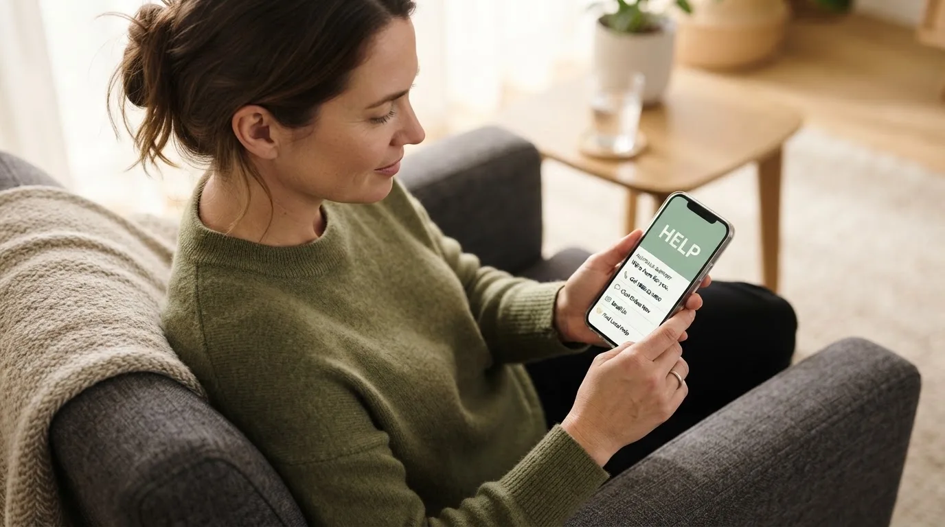 A person sitting calmly with a phone open to a support helpline page, no gaming screen visible.