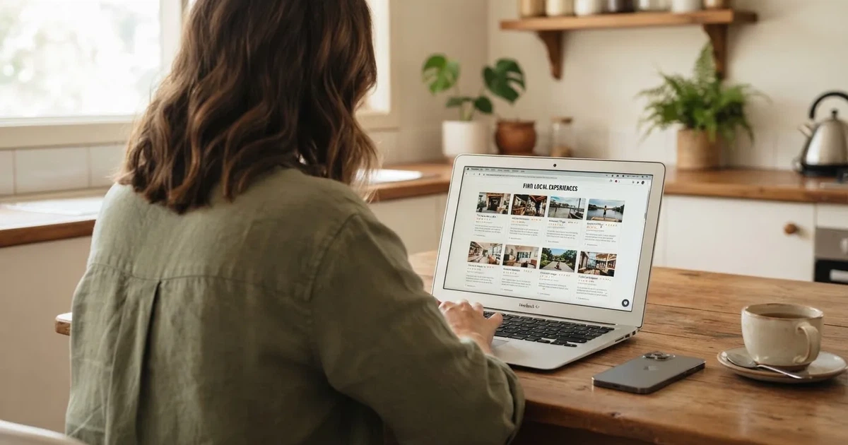 A person at a kitchen table scrolling through review pages on a laptop, phone face-down beside them.