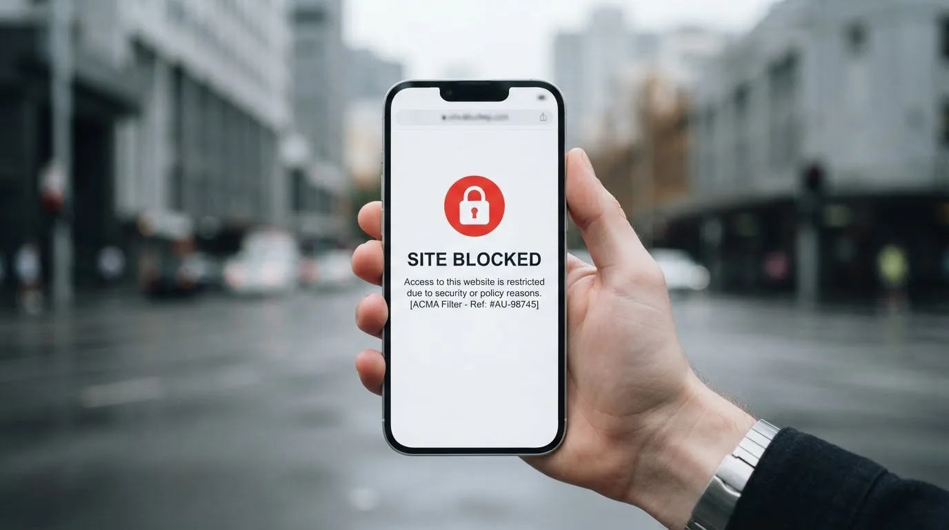 A smartphone screen showing a plain government warning notice about a blocked website, held against a blurred background.
