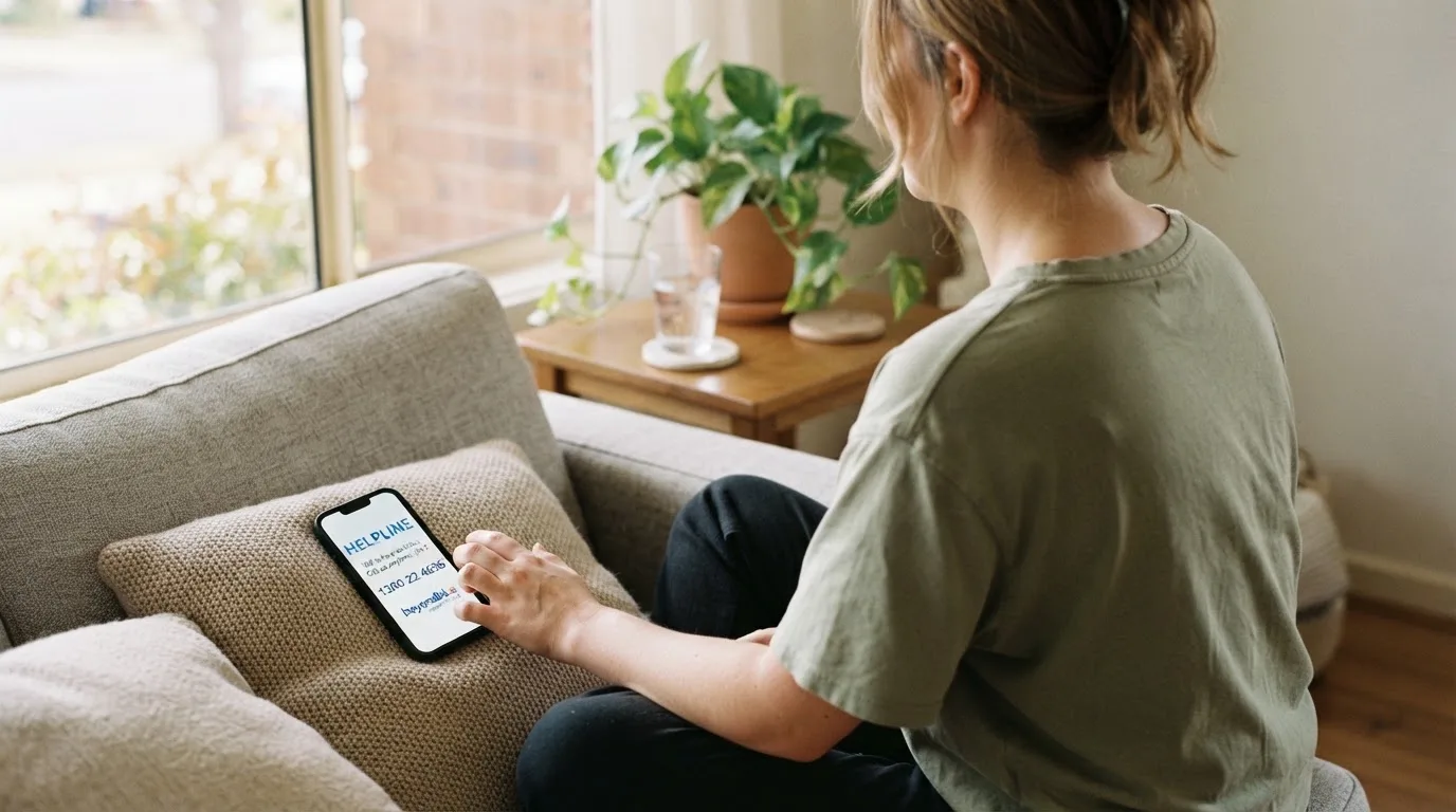A person sitting calmly with a phone open to a support helpline page, no gaming screen visible.