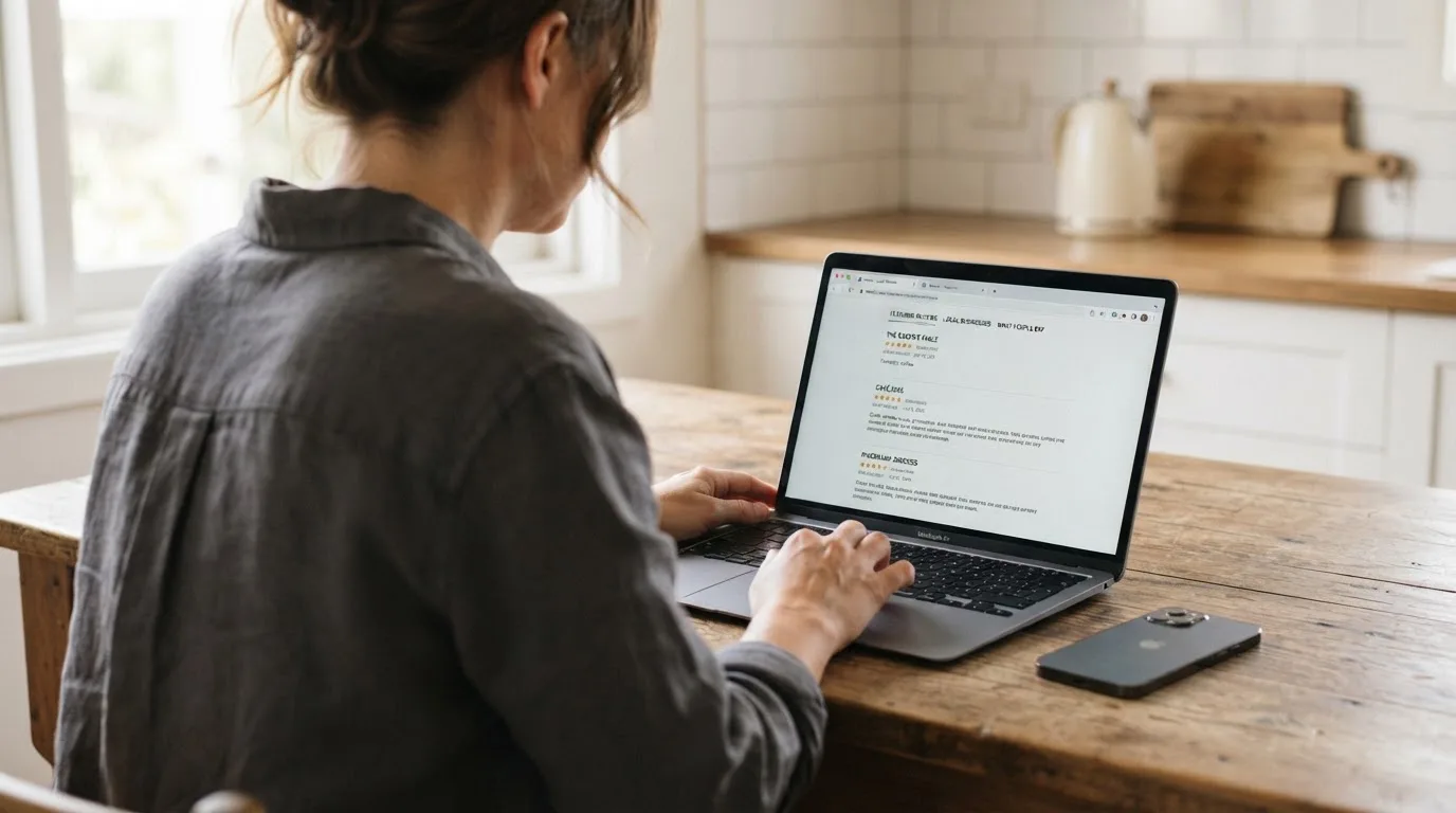 A person at a kitchen table scrolling through review pages on a laptop, phone face-down beside them.