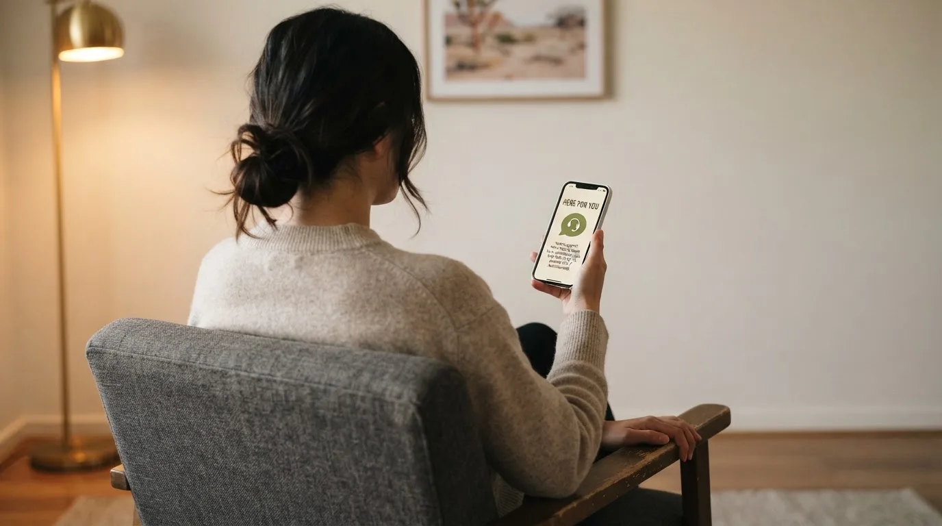 A person sitting calmly with a phone open to a support helpline page, no gaming screen visible.