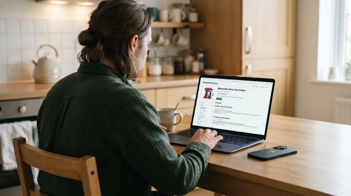 A person at a kitchen table scrolling through review pages on a laptop, phone face-down beside them.