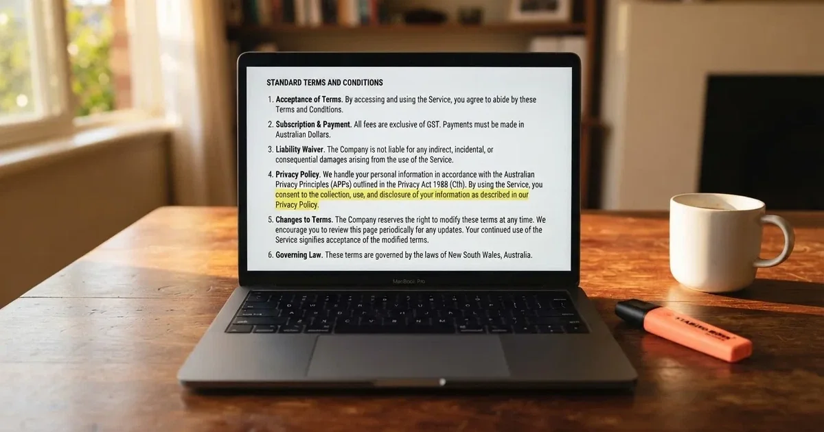 A laptop screen showing a page of terms and conditions text with a highlighter resting nearby.
