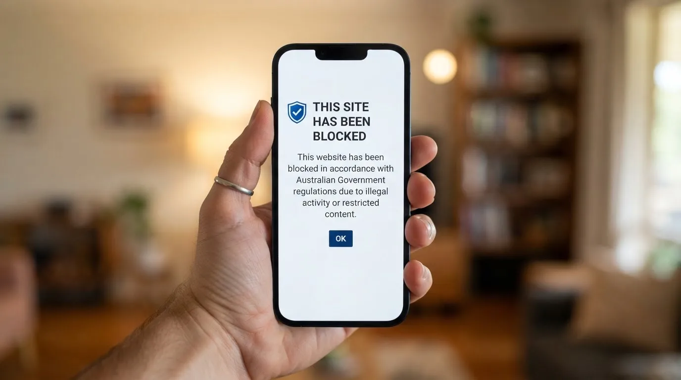 A smartphone screen showing a plain government warning notice about a blocked website, held against a blurred background.