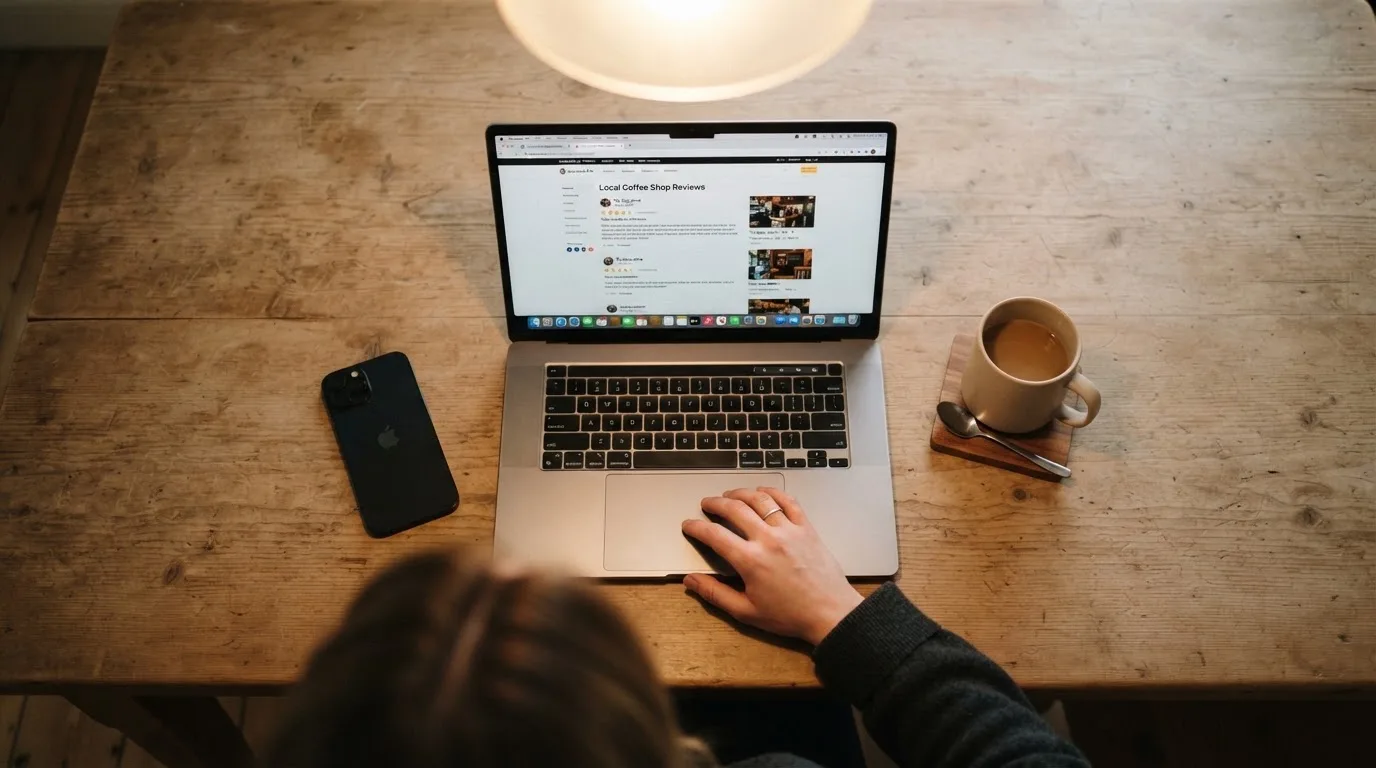 A person at a kitchen table scrolling through review pages on a laptop, phone face-down beside them.