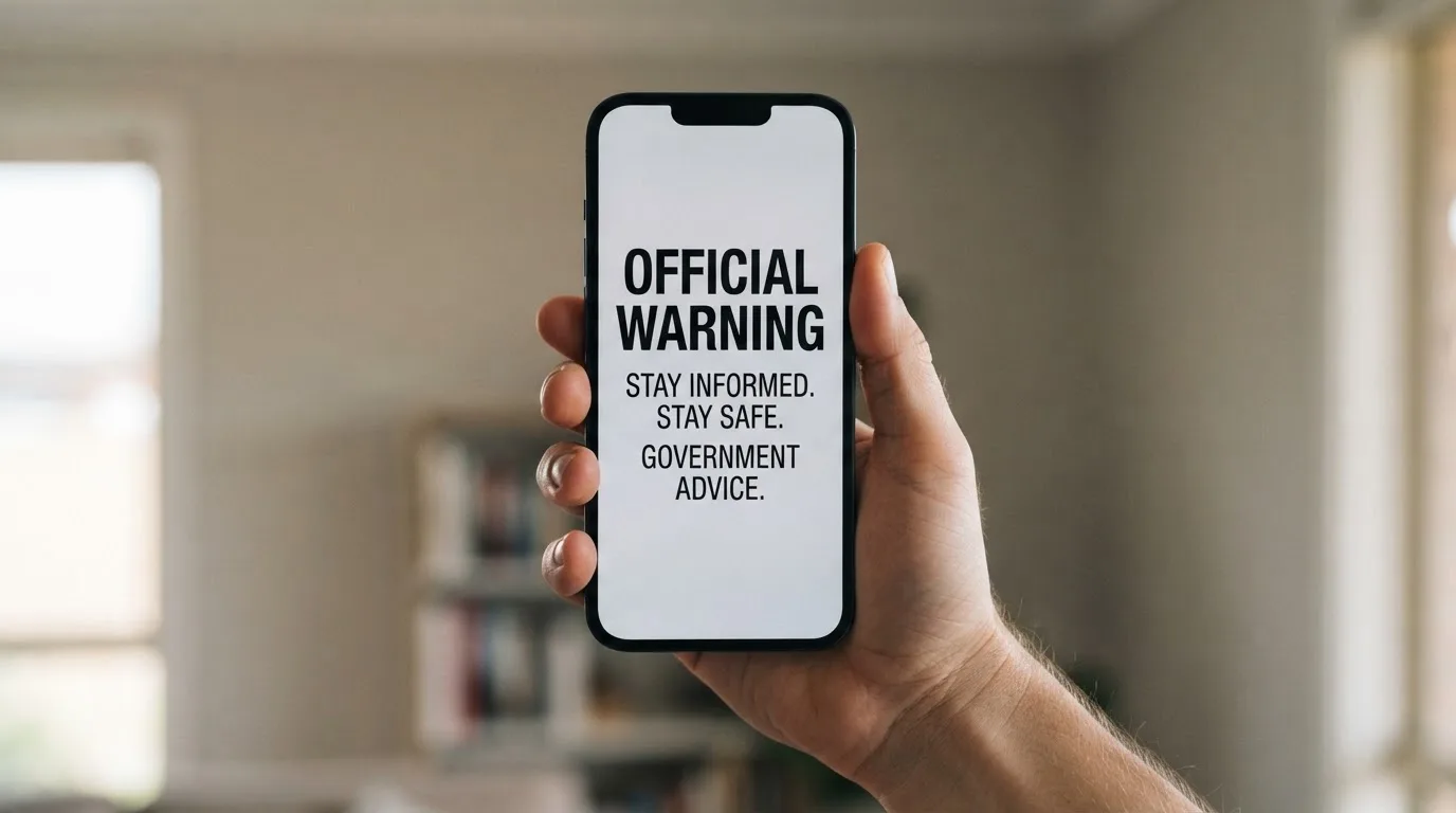 A smartphone screen showing a plain government warning notice about a blocked website, held against a blurred background.