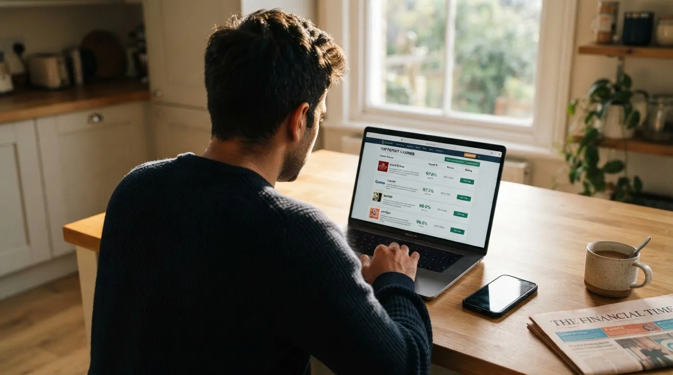 A person at a kitchen table scrolling through review pages on a laptop, phone face-down beside them.