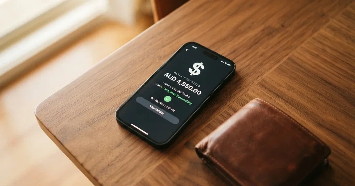 A phone screen showing a bank transfer confirmation, held next to a wallet on a table.