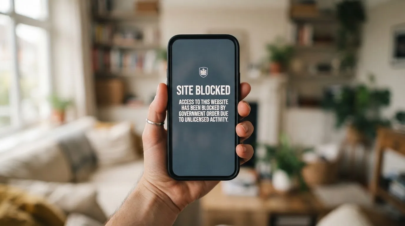 A smartphone screen showing a plain government warning notice about a blocked website, held against a blurred background.