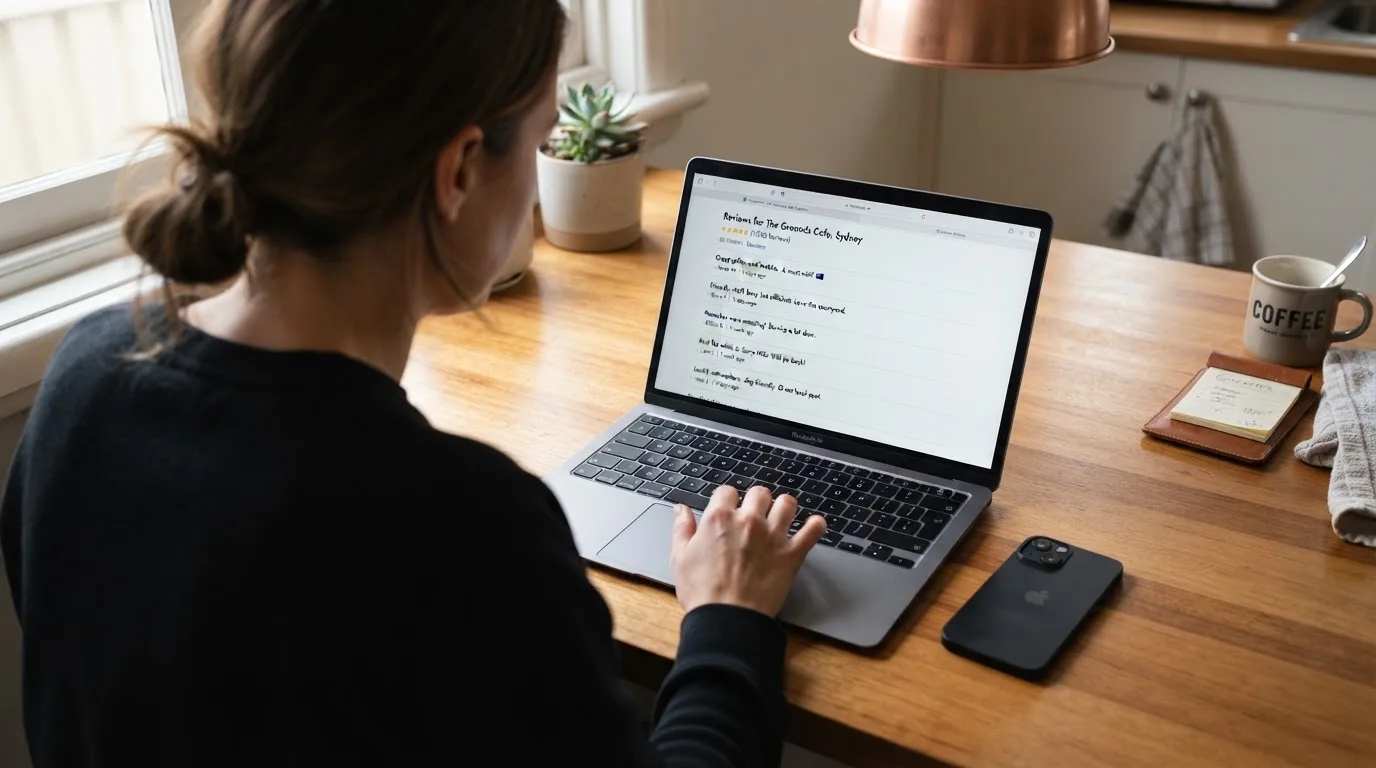 A person at a kitchen table scrolling through review pages on a laptop, phone face-down beside them.