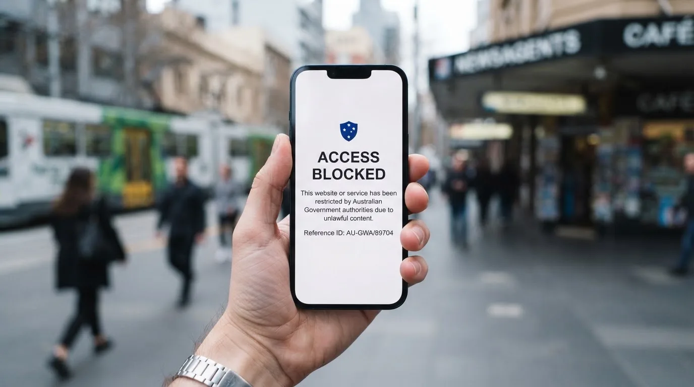 A smartphone screen showing a plain government warning notice about a blocked website, held against a blurred background.
