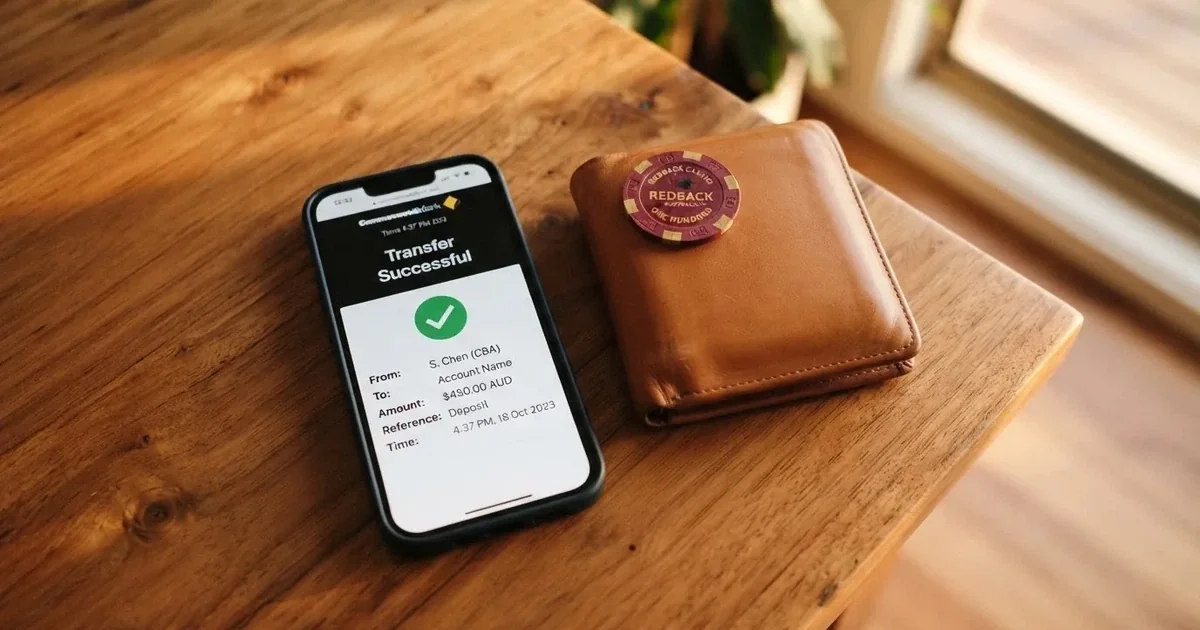 A phone screen showing a bank transfer confirmation, held next to a wallet on a table.