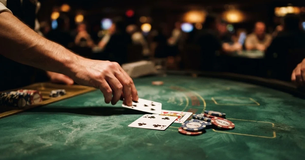 A close-up of a green felt gaming table with cards and chips mid-hand.