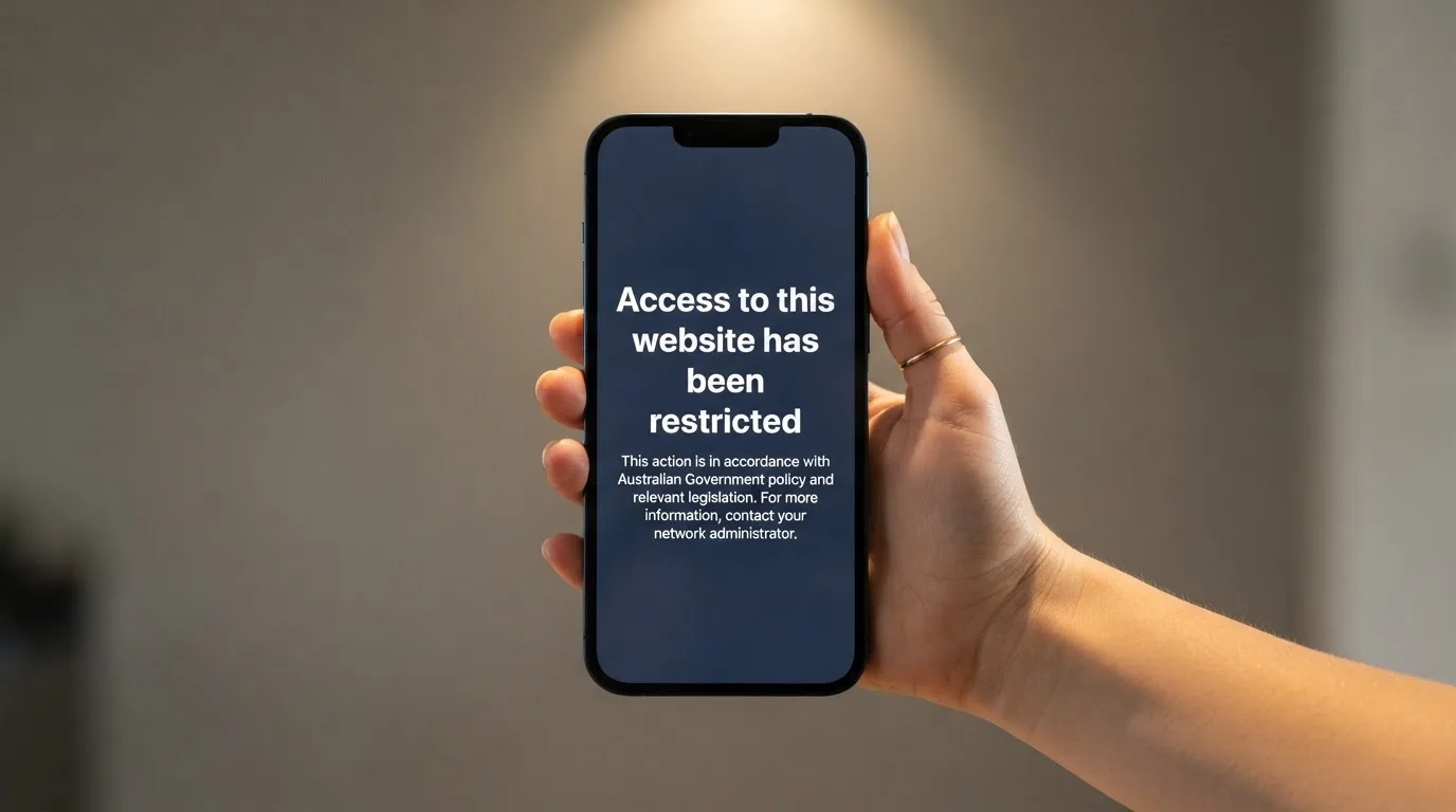 A smartphone screen showing a plain government warning notice about a blocked website, held against a blurred background.