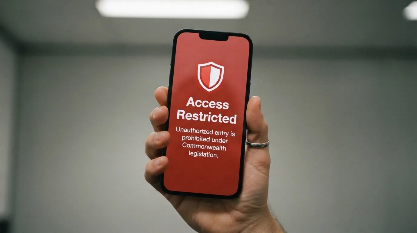 A smartphone screen showing a plain government warning notice about a blocked website, held against a blurred background.