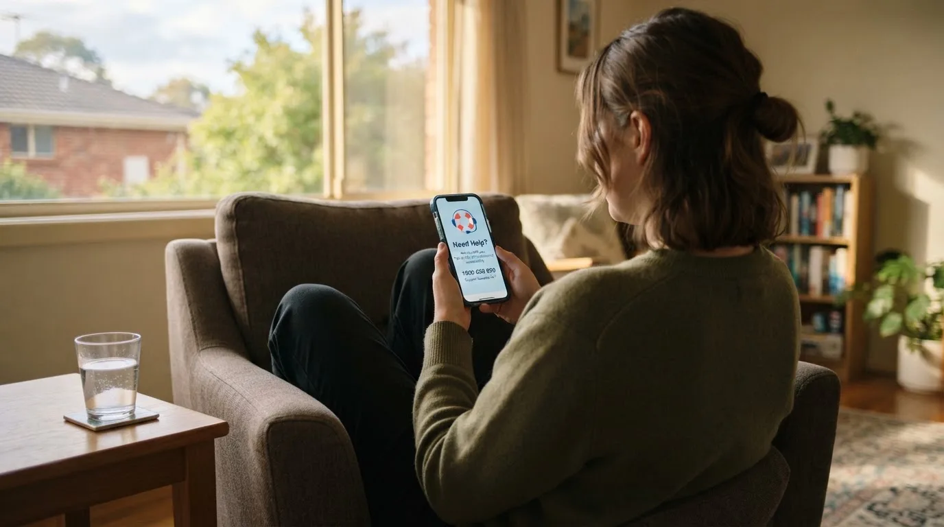 A person sitting calmly with a phone open to a support helpline page, no gaming screen visible.