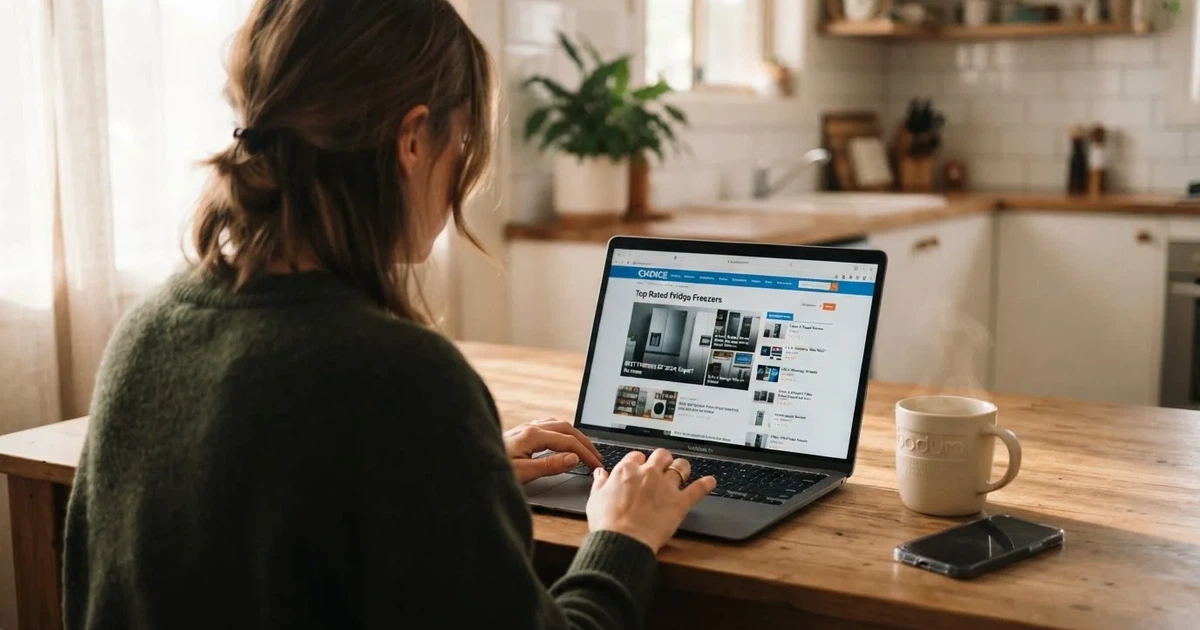A person at a kitchen table scrolling through review pages on a laptop, phone face-down beside them.
