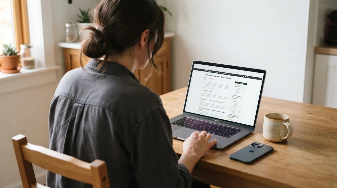 A person at a kitchen table scrolling through review pages on a laptop, phone face-down beside them.