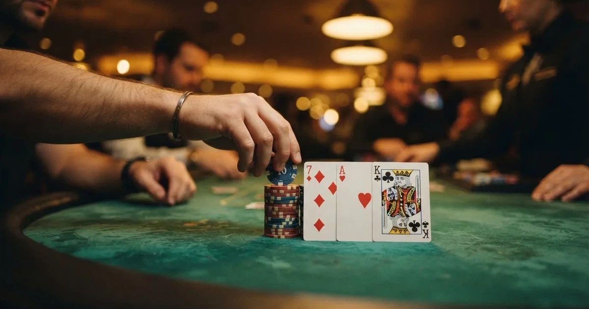 A close-up of a green felt gaming table with cards and chips mid-hand.