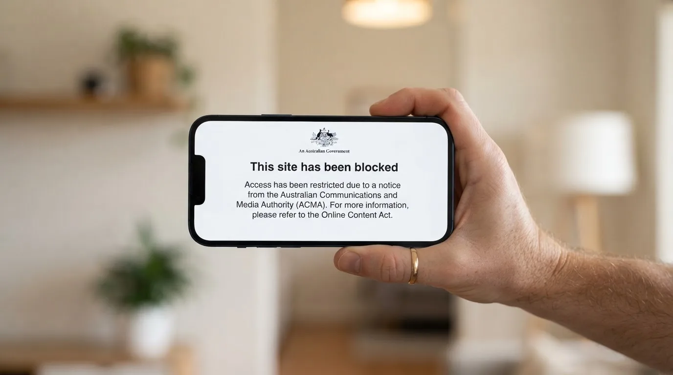 A smartphone screen showing a plain government warning notice about a blocked website, held against a blurred background.
