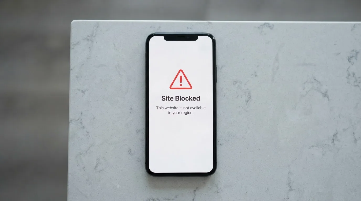 A smartphone screen showing a plain government warning notice about a blocked website, held against a blurred background.