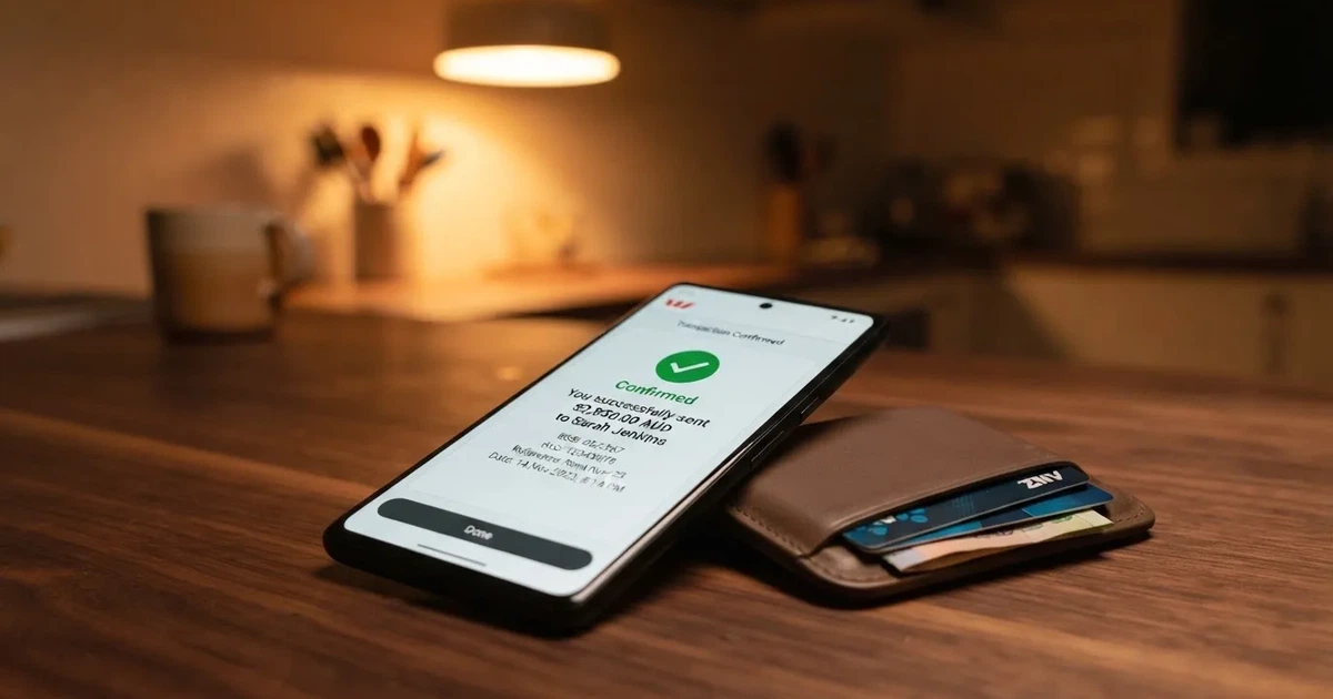 A phone screen showing a bank transfer confirmation, held next to a wallet on a table.