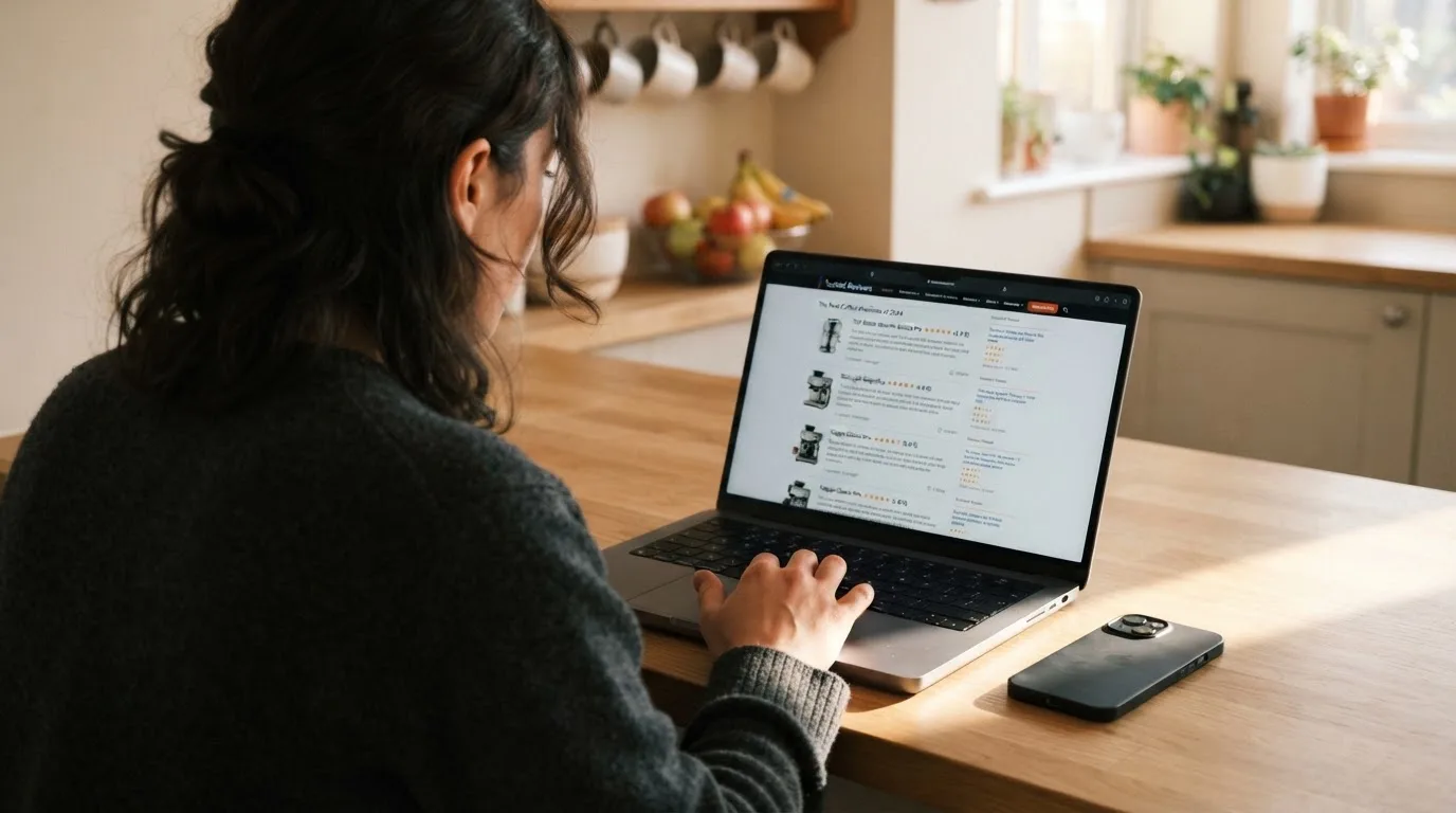 A person at a kitchen table scrolling through review pages on a laptop, phone face-down beside them.