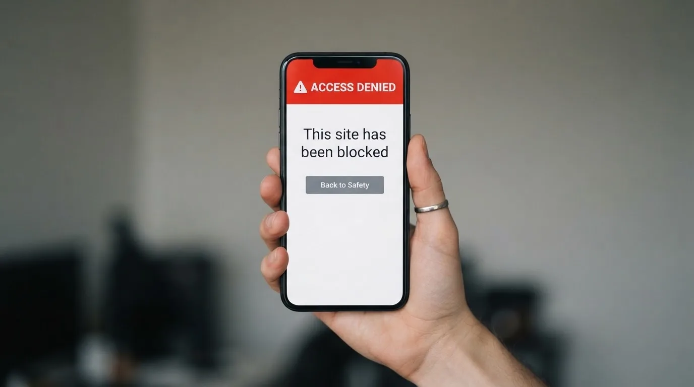 A smartphone screen showing a plain government warning notice about a blocked website, held against a blurred background.