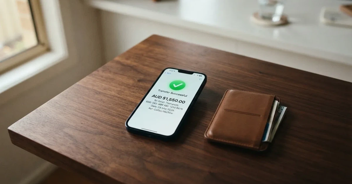 A phone screen showing a bank transfer confirmation, held next to a wallet on a table.