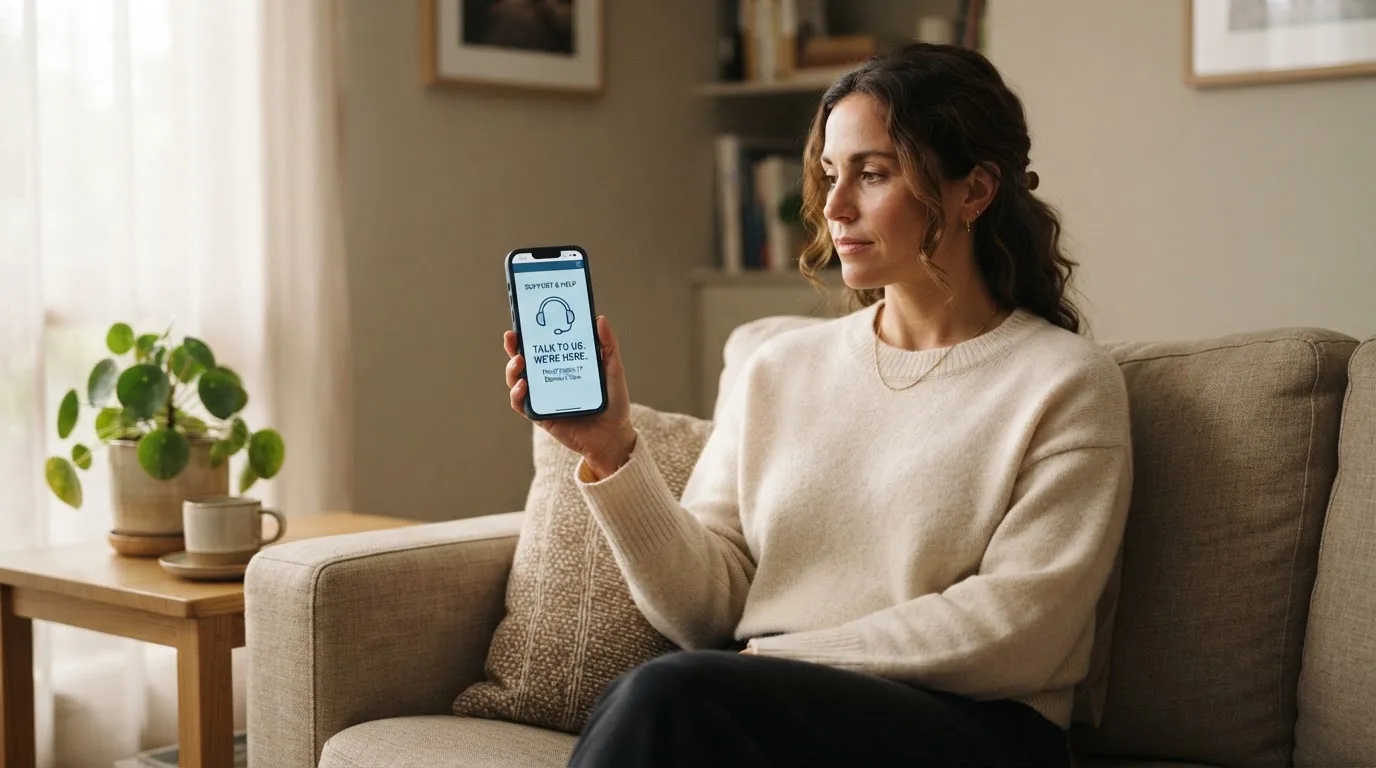 A person sitting calmly with a phone open to a support helpline page, no gaming screen visible.