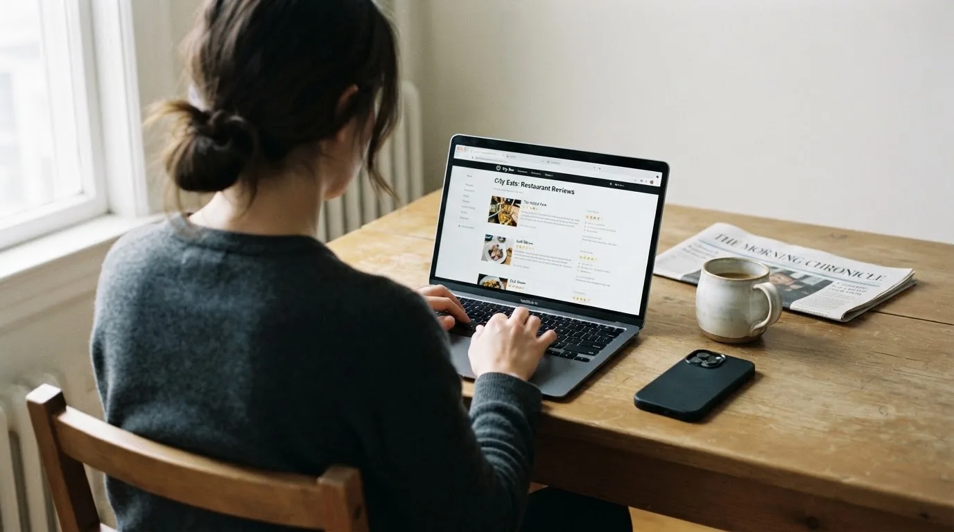 A person at a kitchen table scrolling through review pages on a laptop, phone face-down beside them.