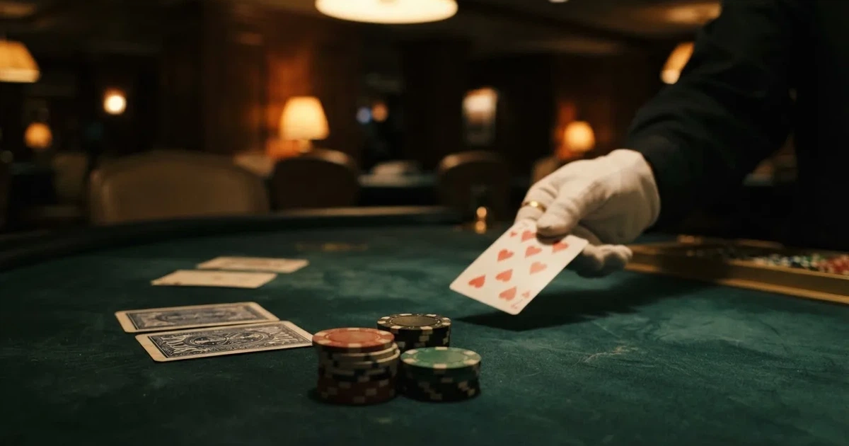 A close-up of a green felt gaming table with cards and chips mid-hand.