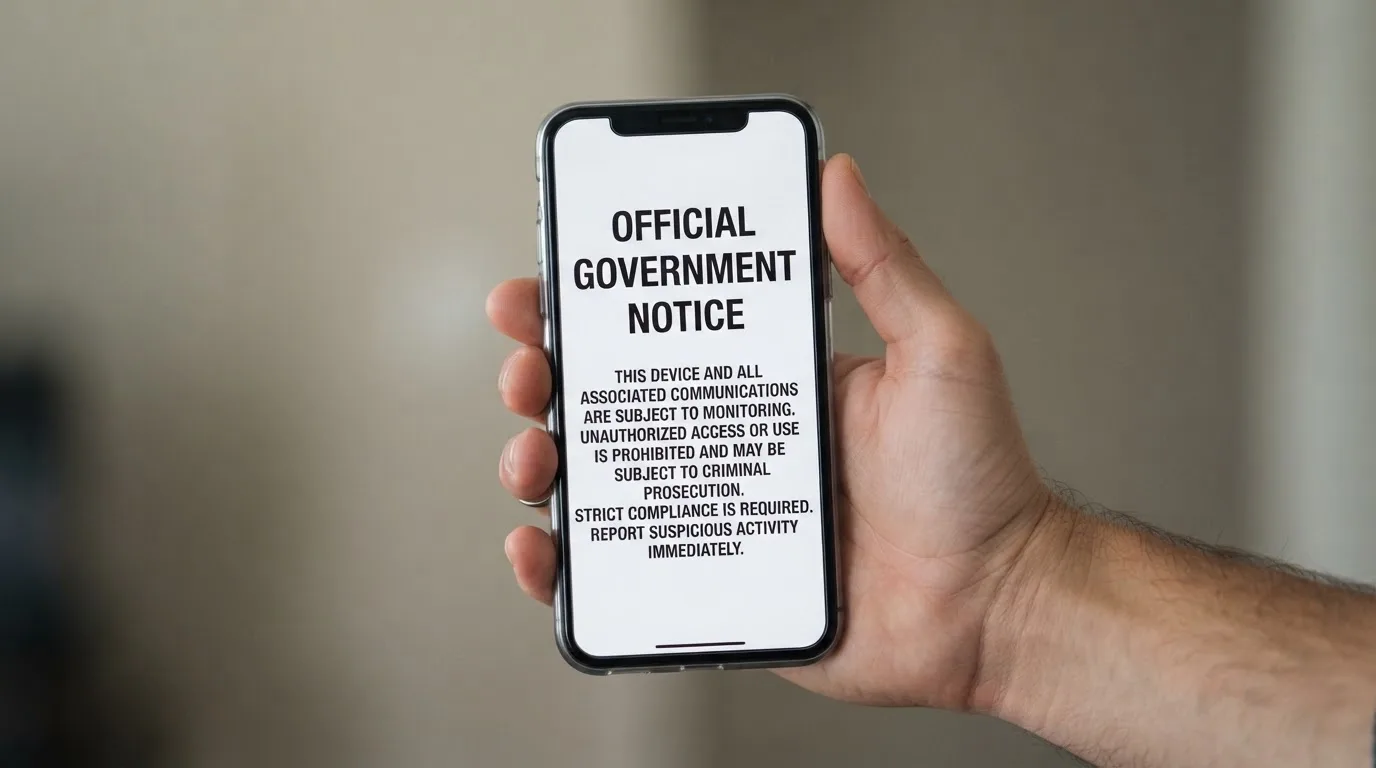 A smartphone screen showing a plain government warning notice about a blocked website, held against a blurred background.