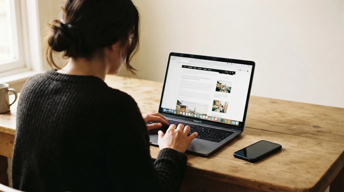 A person at a kitchen table scrolling through review pages on a laptop, phone face-down beside them.