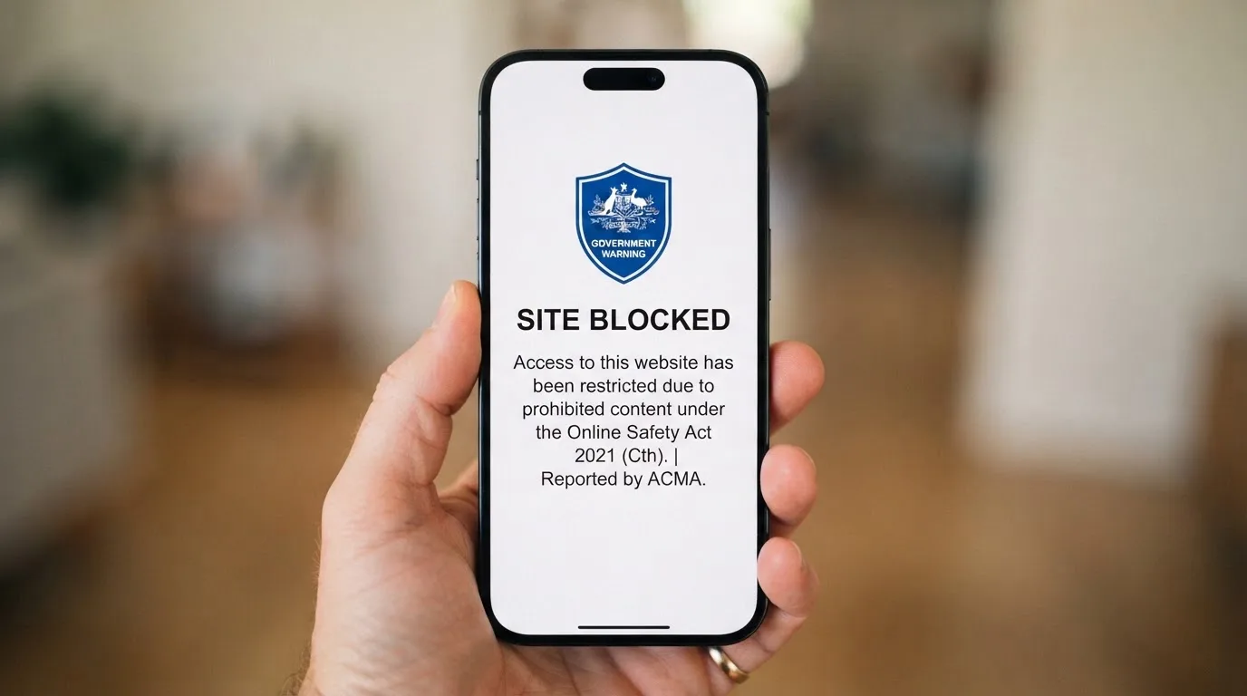 A smartphone screen showing a plain government warning notice about a blocked website, held against a blurred background.